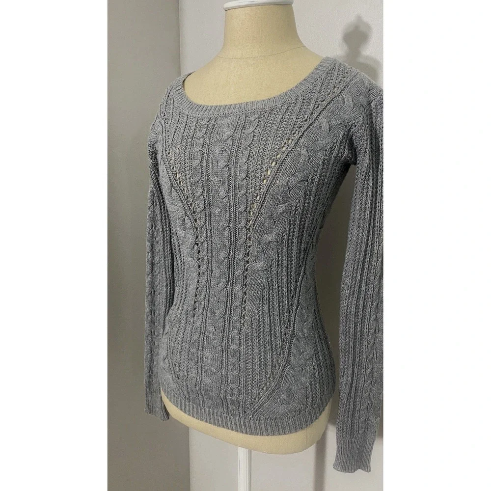 Womens Gray Cable Knit Sweater Long Sleeve Scoop Neck Soft Pullover Cozy Knit